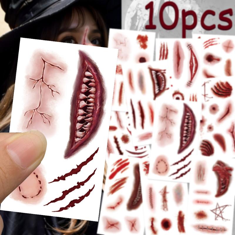10 Sheets 3D Realistic Scar Tattoos Waterproof Fake Bloody Wound Stickers For Halloween Cosplay Face Body Makeup Adults
