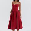 Women's Spaghetti Strap Midi Dress Solid Bustier High Waist Flared Swing Mid-Calf Sundress