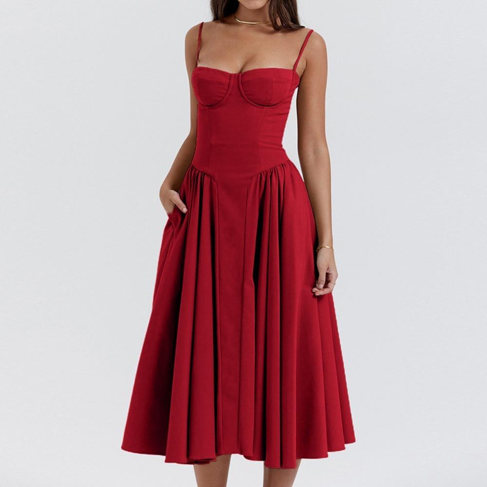 Women's Spaghetti Strap Midi Dress Solid Bustier High Waist Flared Swing Mid-Calf Sundress