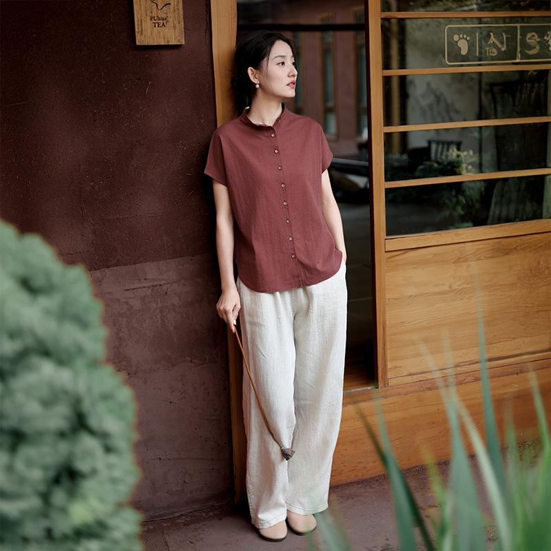 Women's 1116 Summer New Cardigan Short-sleeved Top Women's Tencel Linen Thin Versatile T-shirt