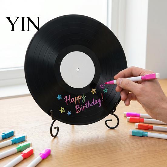 Reusable Drawing Surface Vinyl Record DIY Graffiti Clock Ornament, Blank Acrylic Retro Tabletop Wall Desktop Display Stands Decor with Stand,
