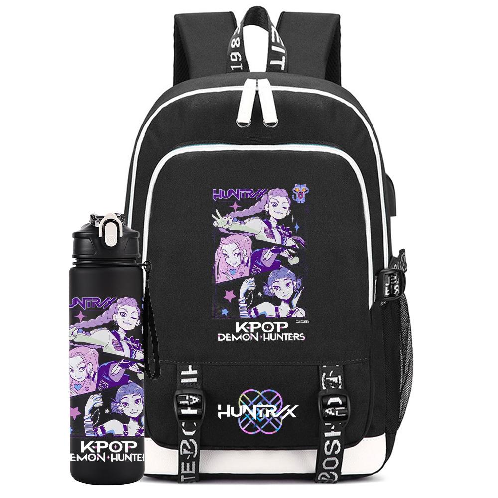 2Pcs/set Anime K-Pop Printed Backpack with 750Ml Water Bottler for Teenager Student Girl Boy Bookbag Kid Gift Large Capacity Travel Bag Rucksak