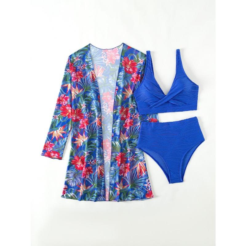 High Waist Textured Bikini Set with Tropical Floral Cover Up