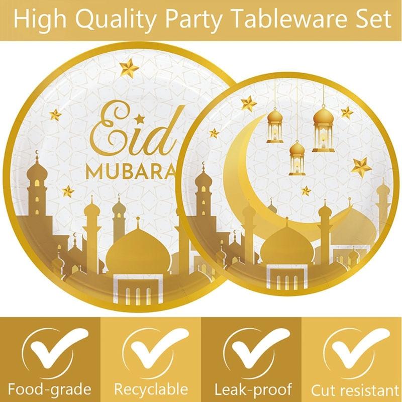 Elegant Disposable Dinnerware Set for 8 Guests Plates Cups and Napkins for Muslims Eid Festival Festive Celebration