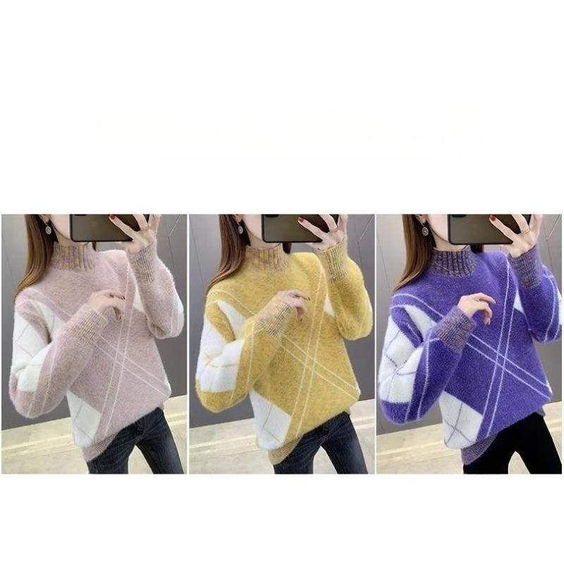 Half Height Collar Mink Fur Thick Sweater Women Winter Knitt Pullover Loose Korean Version Sweater Bottoming Shirt