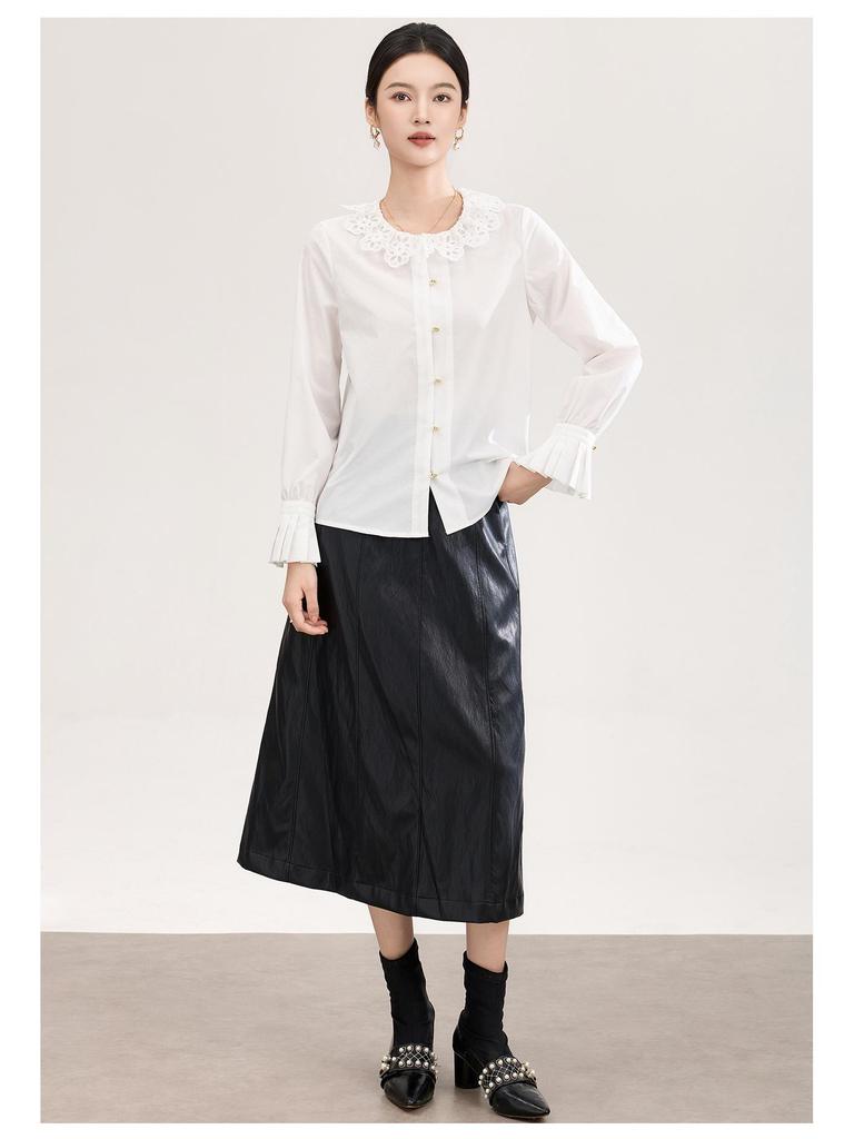 Anti-Wrinkle French Style Lace-Embroidered White Cotton Shirt