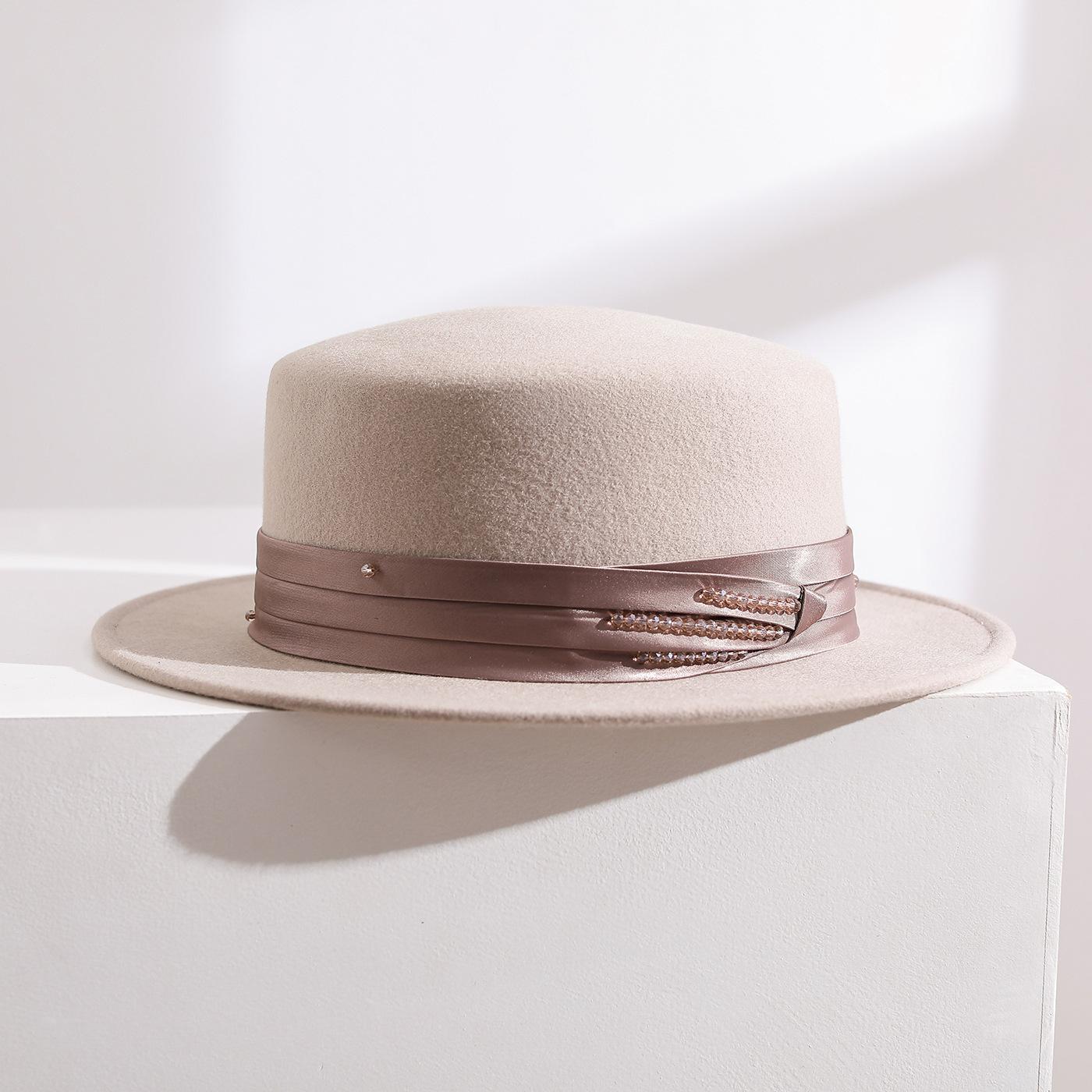 Simple fashion wool jazz hat men s and women s English French bump top curly small top hat Panama Classic Gentleman Hat 56-58CM бежевый
