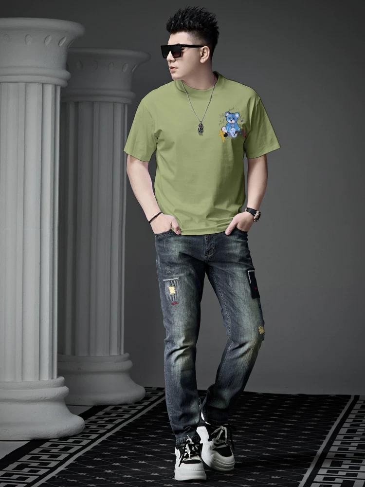 European Goods Trendy Brand Bear Print round Neck Short sleeve T-shirt Men 2025 New Summer Casual Men's Half Sleeve Top Clothes