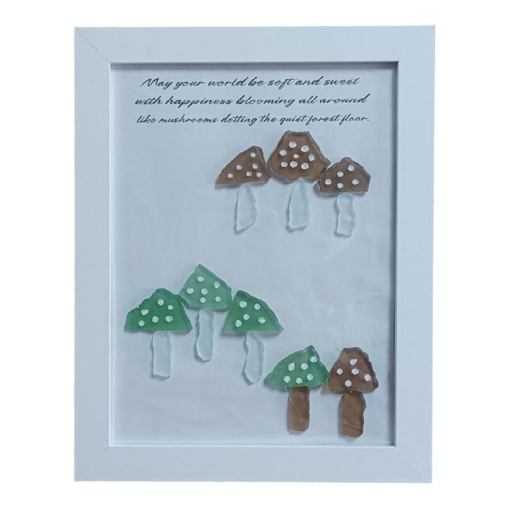

Colorful Coastal Mushroom Theme Wall Art Framed With Sea Glass For Dining Room Bedroom Tabletop Decoration Birthday Gift