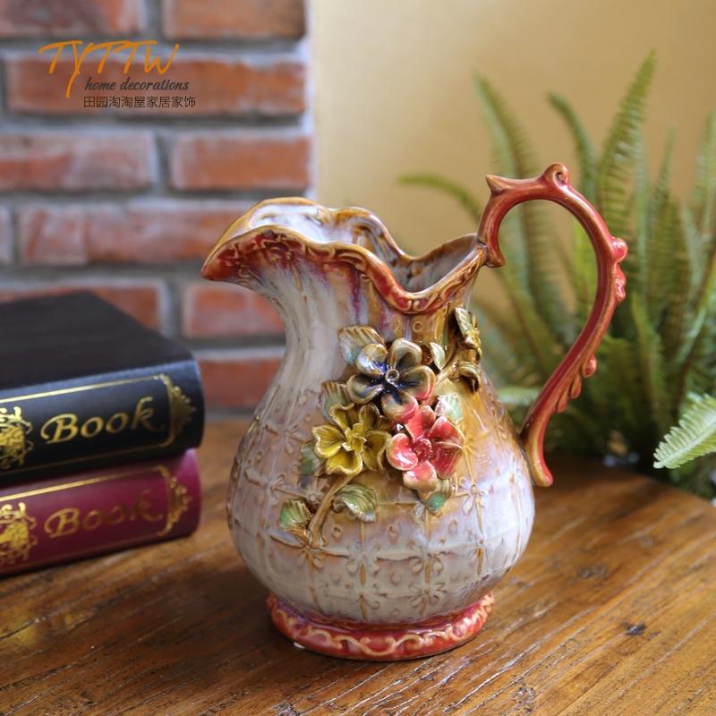 

Ваза керамическая настольная орнамент расписанный пасторальный ручной рельеф глазурованный цветочный декор подходит для открытого сада гостиной 1 шт.