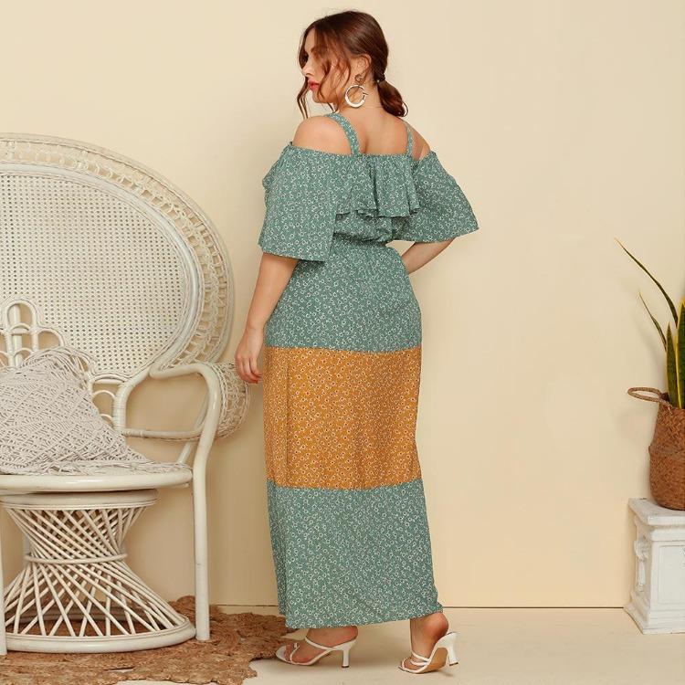 Plus Size Floral Long Dress Women Loose Sling Ruffled Contrast Color Spring Summer XL 4XL Fashion Trendy