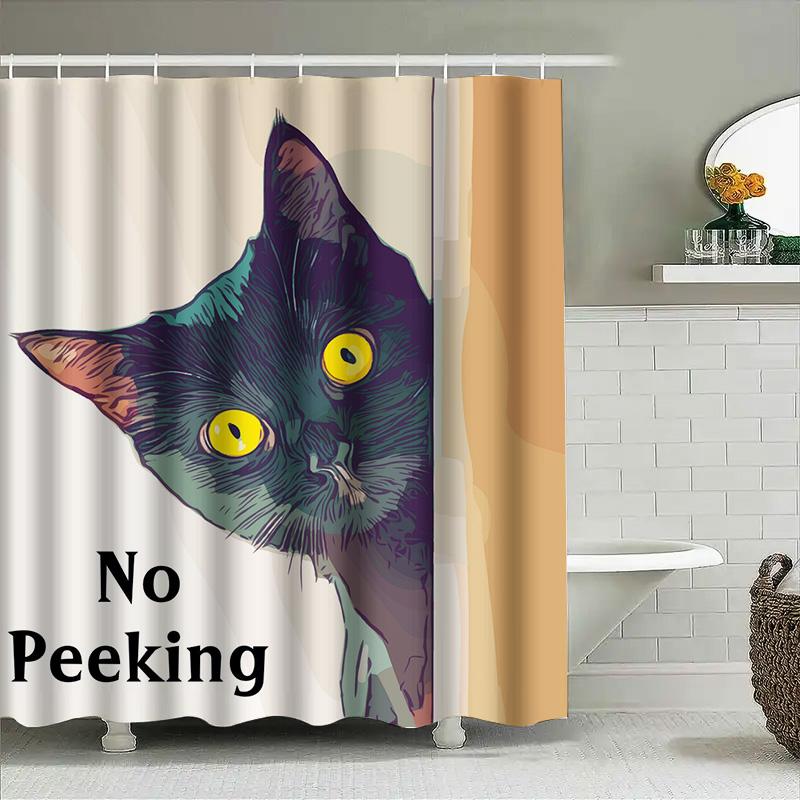 Cat Illustration Shower Curtain No Peeking Humor Art Bath Decoration Home Decor Bathroom Accessories Printing Waterproof Fabric