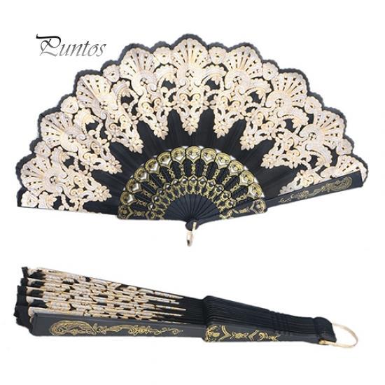 Cute Ethnic Dance Golden Tone Hand Held Flower Fan