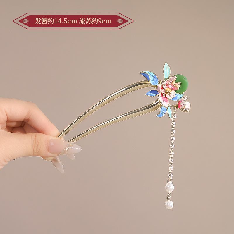 Wsuwka do włosów w kształcie litery U z frędzlem w stylu vintage dla kobiet Elegancki metalowy emaliowany patyczek do włosów Element kwiatowy wsuwka do włosów Akcesoria do włosów Hanfu