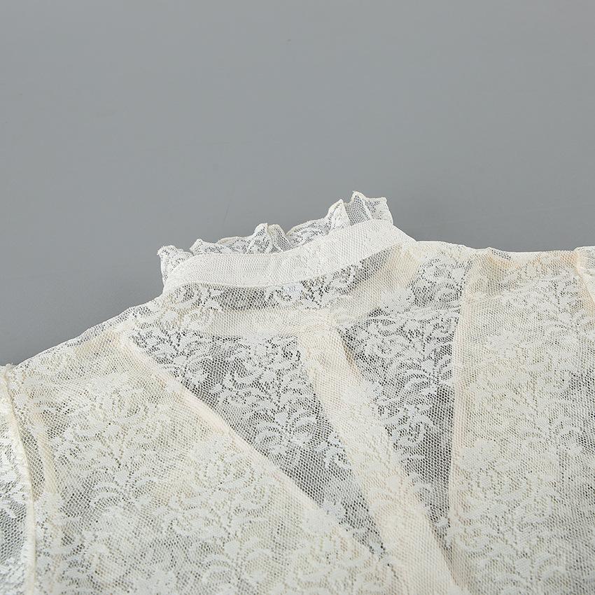 Top da Pendolare Donna Estivo in Pizzo Jacquard Trasparente con Maniche a Bolla e Bordi a Fungo, Design Cardigan con Zip, Manica Lunga