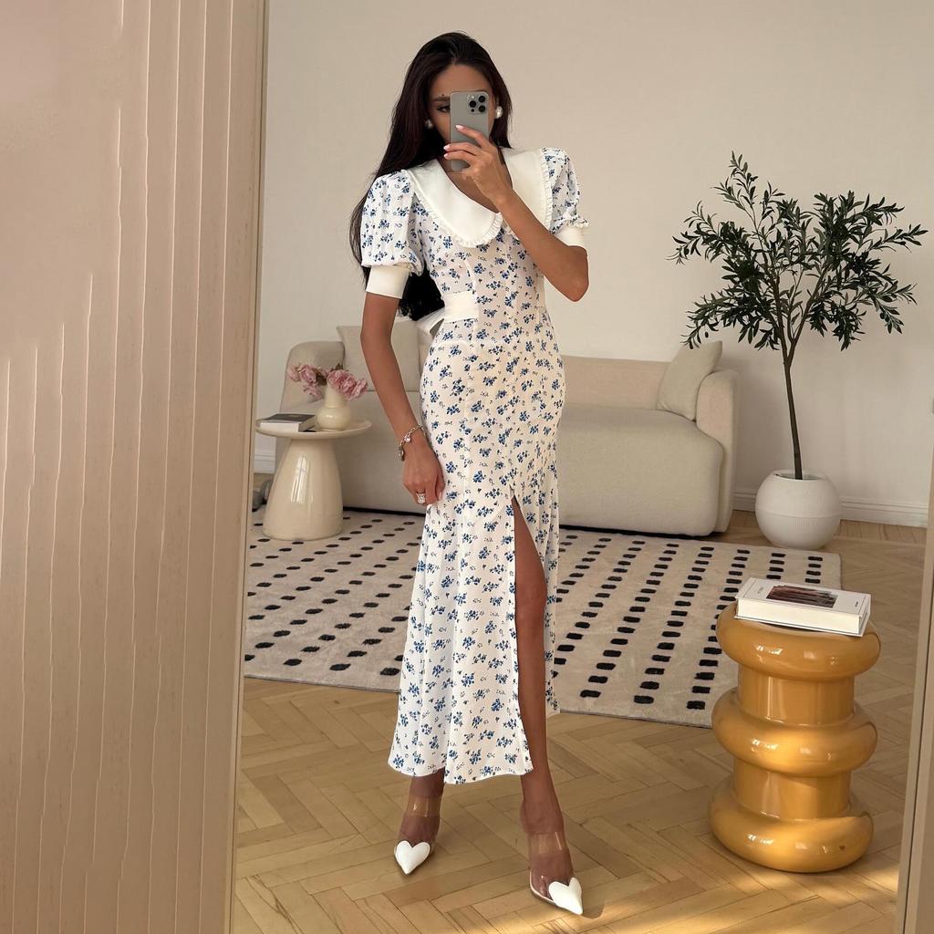 Fashion Slim-fit Printed Women's Dress Summer Lapel Short-sleeved Ankle-length Dress Elegant High-waist Slit Women's Dress