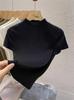 Women's White High-Neck Knit Short-Sleeve Slim-Fit Base Layer Sweater Top