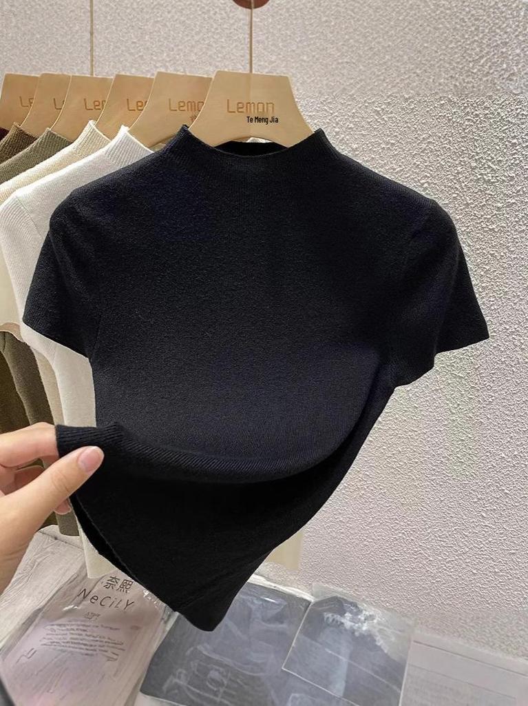 Women's White High-Neck Knit Short-Sleeve Slim-Fit Base Layer Sweater Top