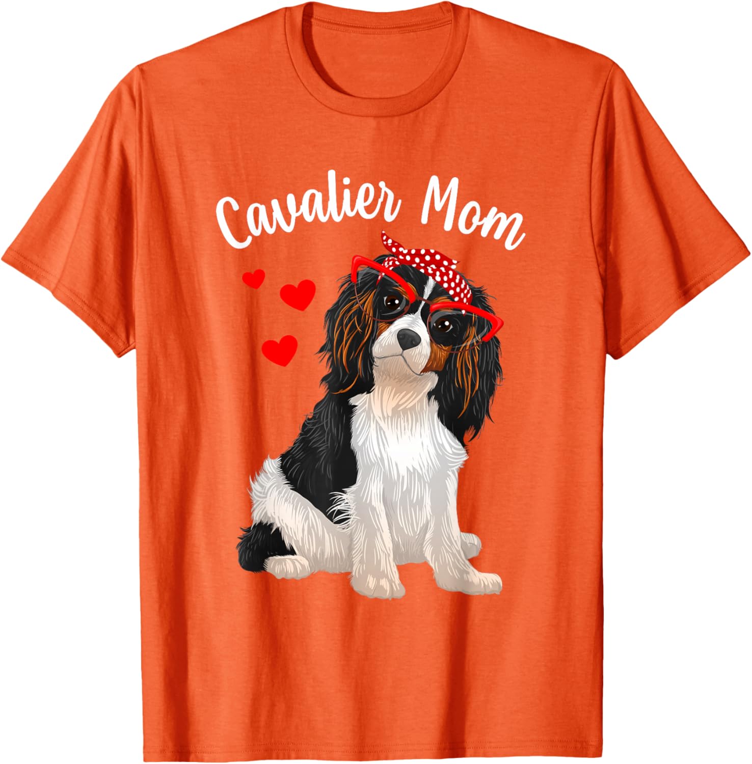 Cavalier Mom Tri Color Dog with Glasses Red Bandana Graphic T-Shirt Casual Trip Cotton Tee 4XL