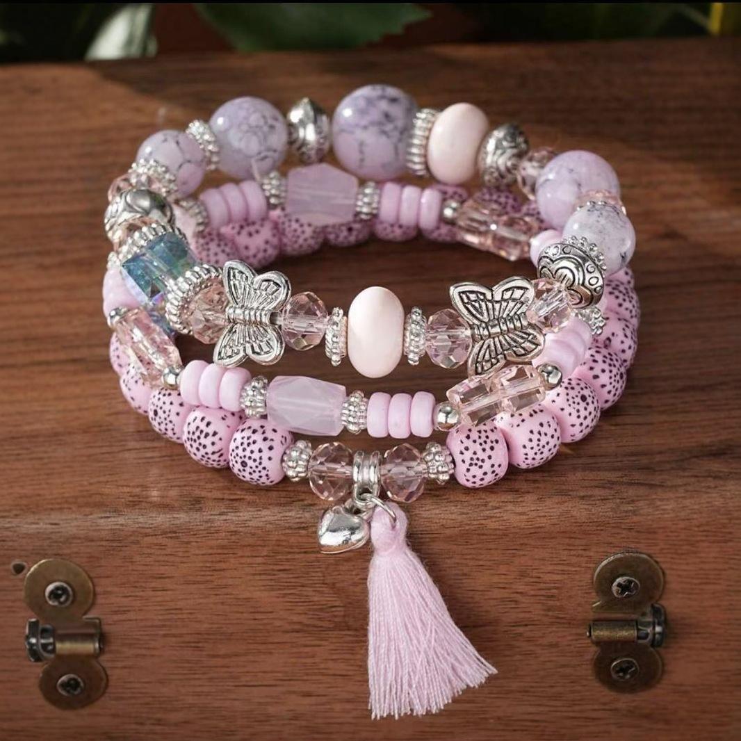 Arts & Hobbies Women's Red/Pink Bohemian Bracelet Low Price Imitation Agate Chain Fringed Colo Glass Electroplated Butterfly Bracelet Four Packs