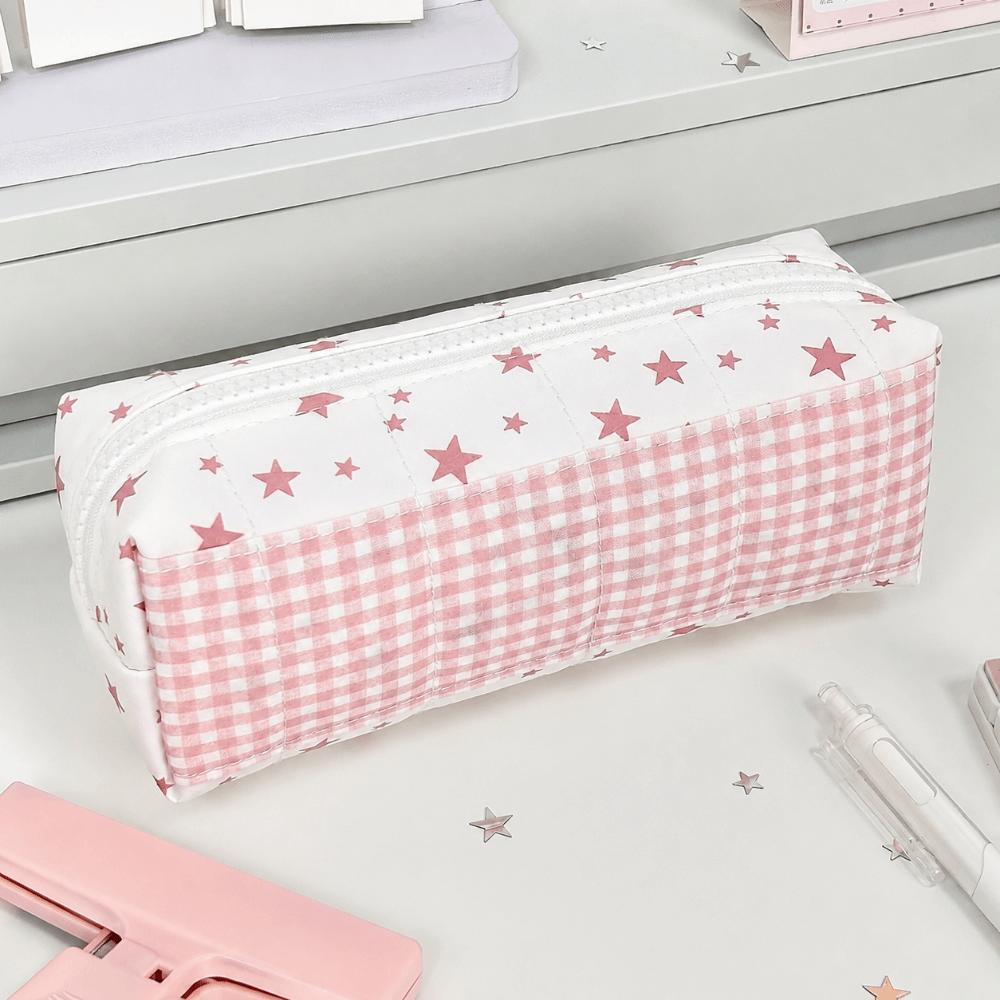 Large Capacity Pencil Case Pink Star Gingham Pencil Pouch Kawaii Stationery Bag  Gift