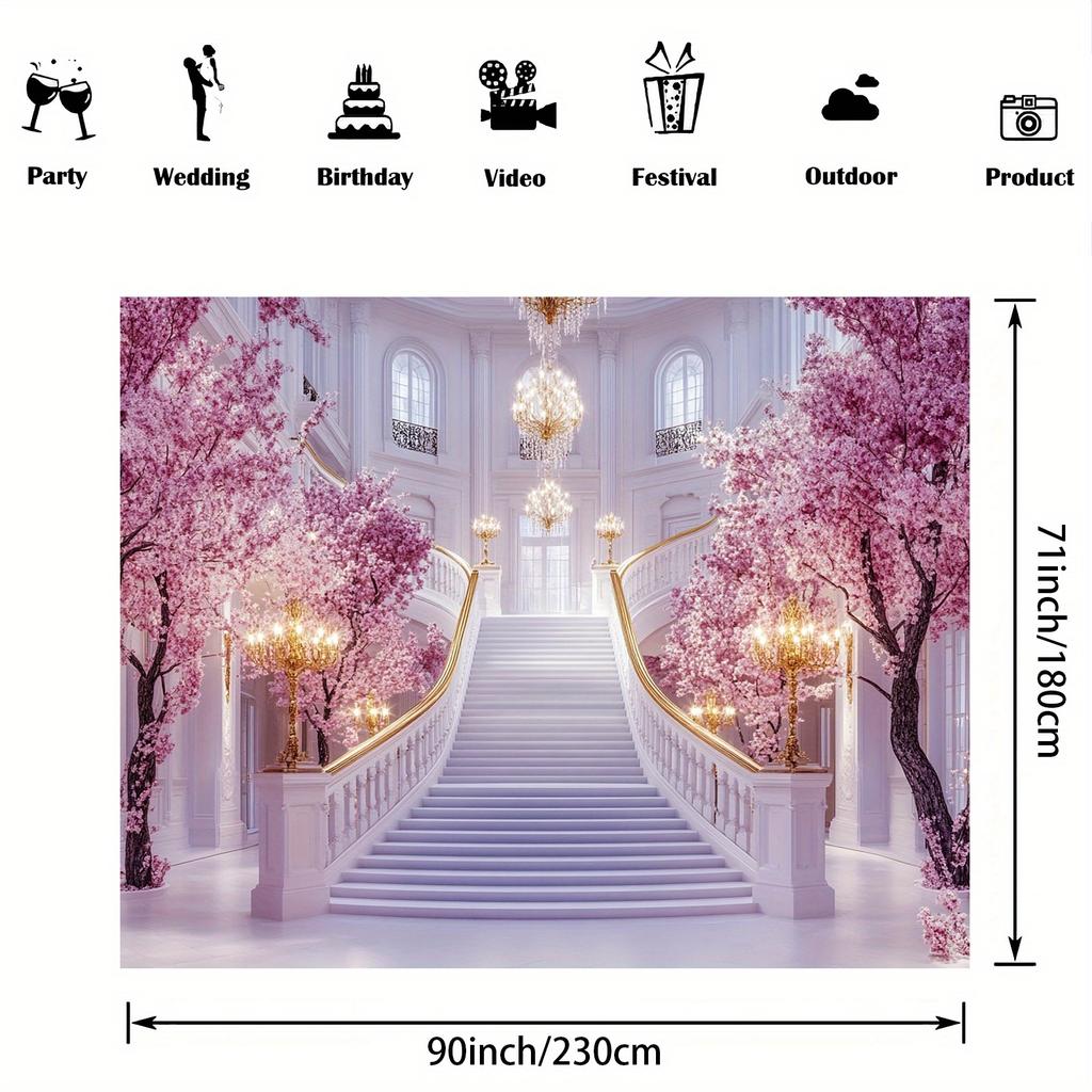 An Elegant Pink Floral Wedding Background with Stone Paths and Princess Castle - Suitable for Party and Wedding Decoration
