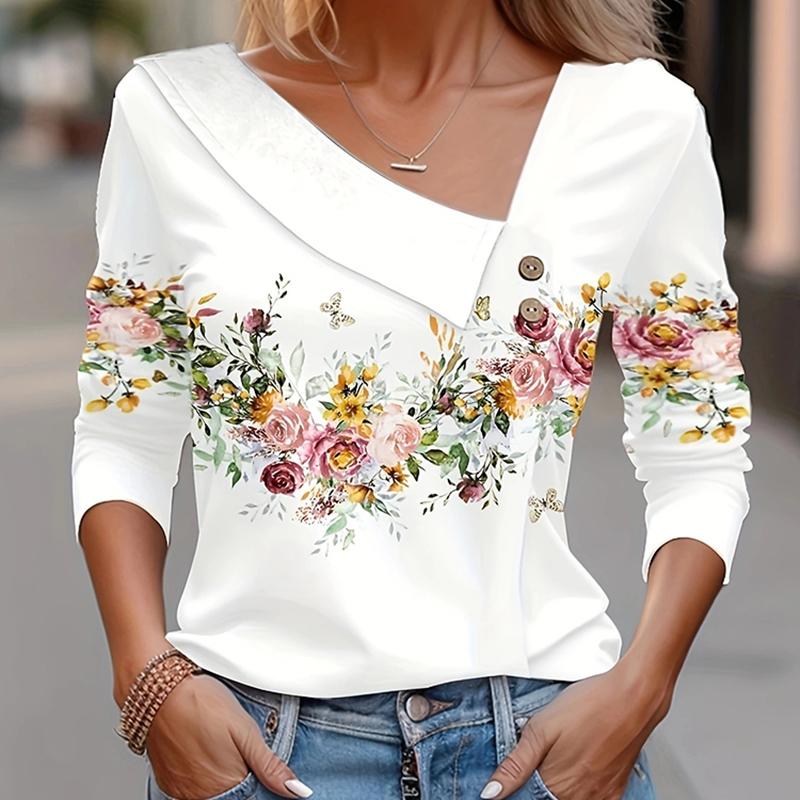 T Shirt For Women Fashion Long Sleeve Top White Floral Print Shirts And Blouses Autumn Winter Clothes For Women 2024