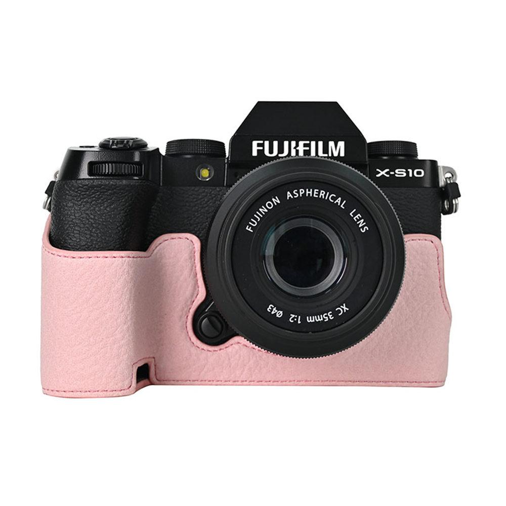 Litchi Skin PU Leather Camera Half Case for Fujifilm XS10 Fuji X-S10 Bottom Opening Magnetic Cover розовый