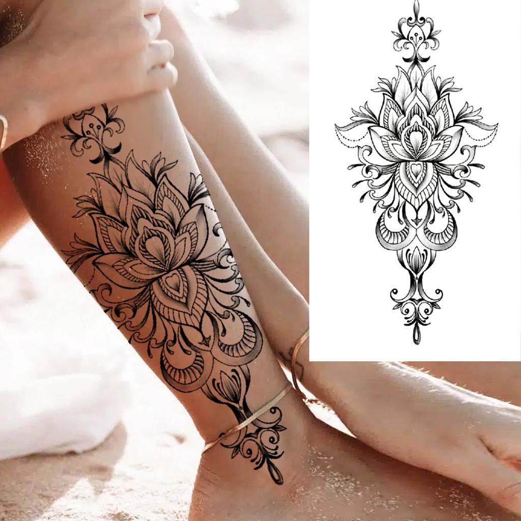 1 Sheet Black Henna Mandala Fake Jewels Temporary Sleeve Tattoos For Women Girls Forearm Waist Chest Back Tattoo Sticker Decal