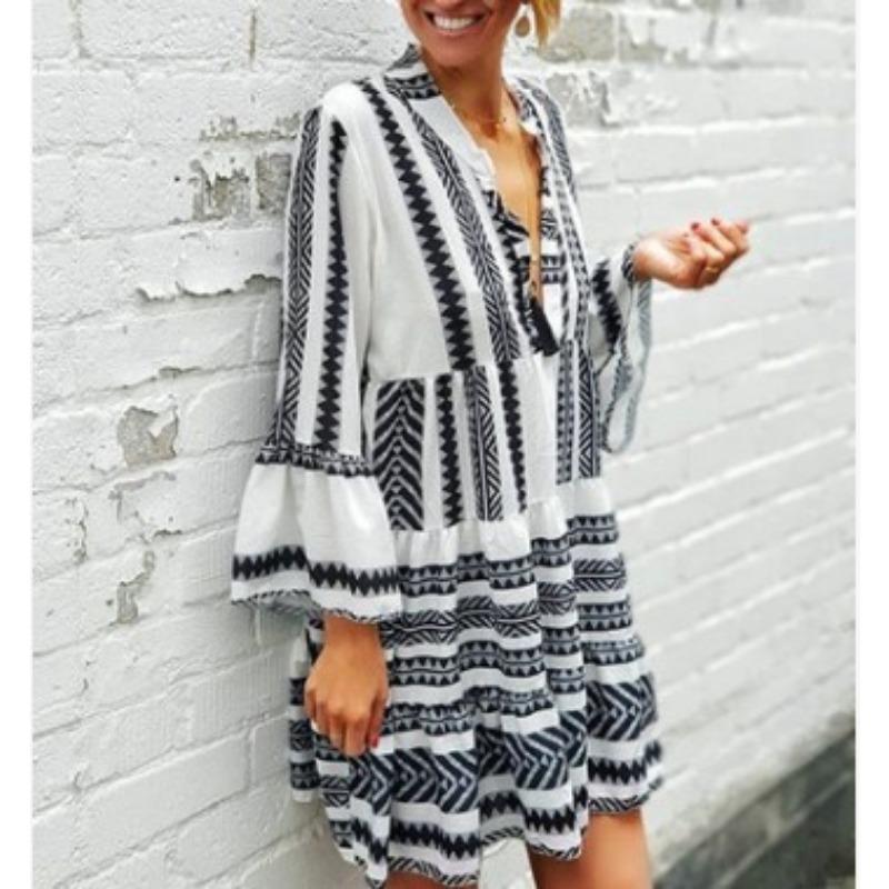 YYFS Rochii de damă la modă, vară și primăvară, cu imprimeu colorat, mâneci 3/4, decolteu în V, talie lejeră, casual