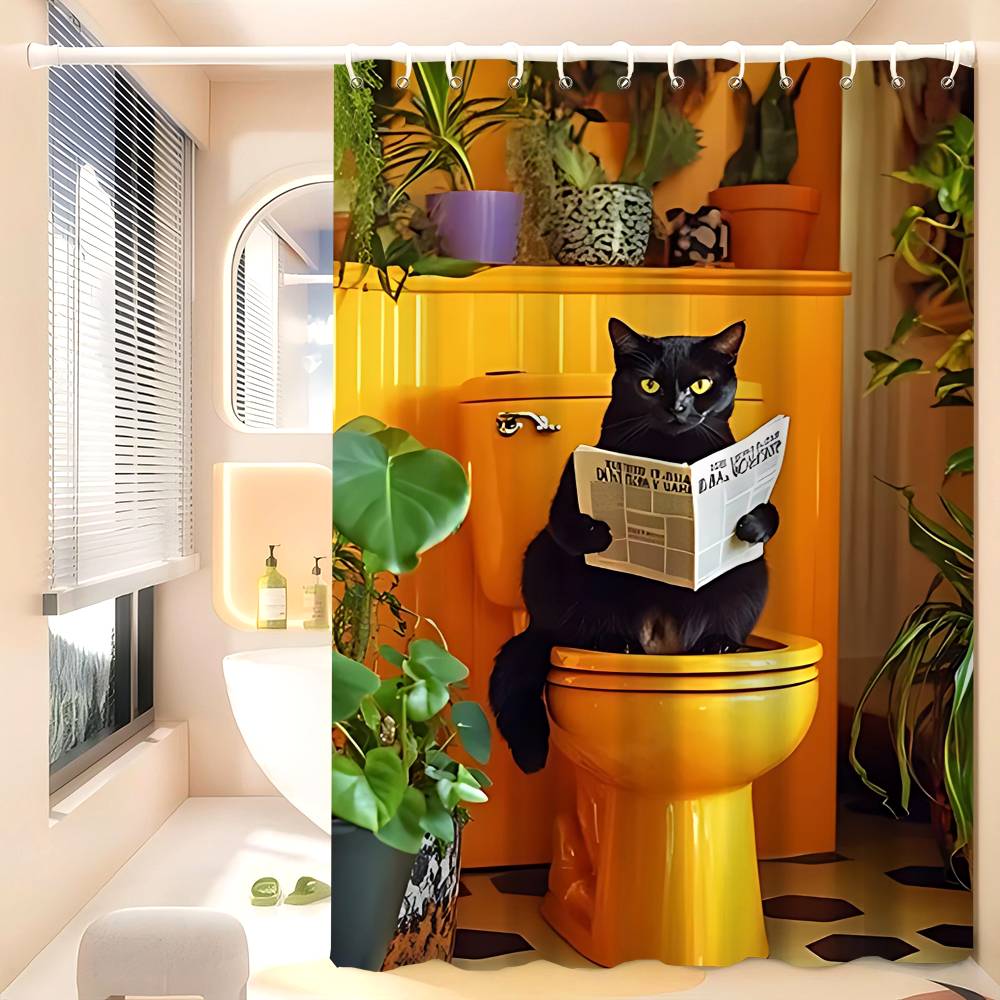 Bathroom Cat Reading On Toilet Shower Curtain - Water-Repellent And Leak-Resistant, Mold And Mildew Resistant For