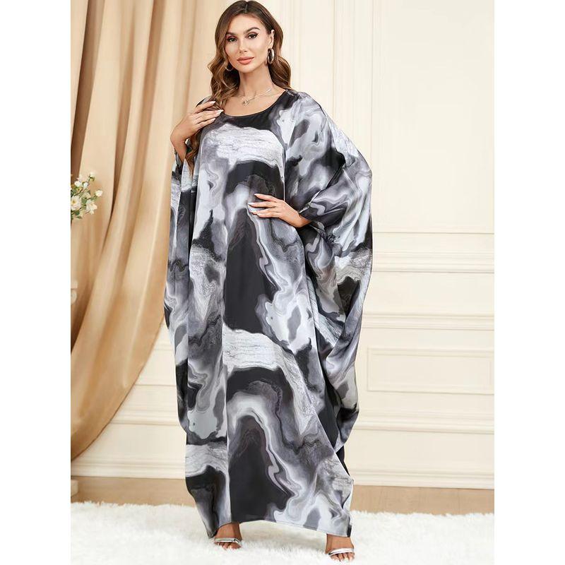

Loose Contrast Dress Ethnic Style Plus Size Loose Fashion Color Contrast Batwing Sleeve round Neck Dress Black One size