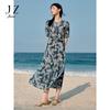 Jiuzi Anna Kou Elegant Retro Lace Printed Mesh Drawn Waist Dress for Women 2025 Summer New Style