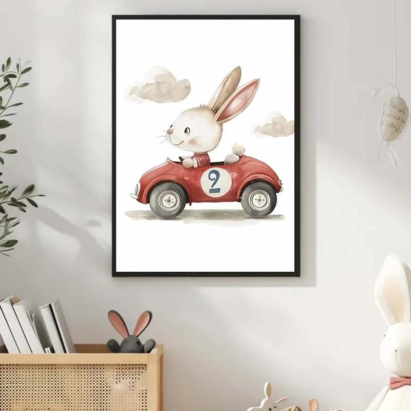 Watercolor Raccoon Rabbit Bear Animal Car Nursery Wall Art Canvas Painting Nordic Posters Prints Wall Pictures Kids Room Decor