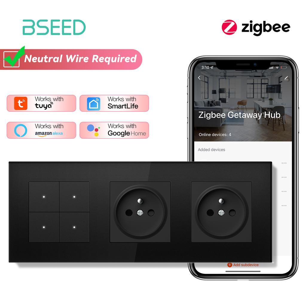 BSEED Zigbee 1/2/3/4Gang Smart Light Switches Click Buttons Tuya Smart Life App Control Plus Double French Sockets Glass Panels