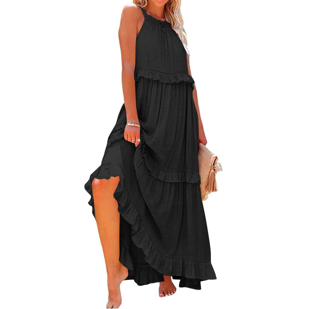 European and American 2026 Summer Ruffle Long Dress - Women's Flowing Holiday Beach Style
