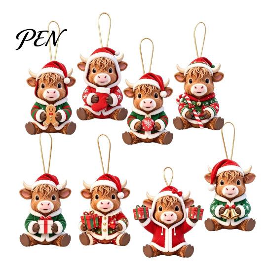 Animal Theme Christmas Tree Ornaments Wooden Highland Cow Ornament, 2D Cute Hanging Shape Decor with String, Farmhouse Holiday Party Decoration