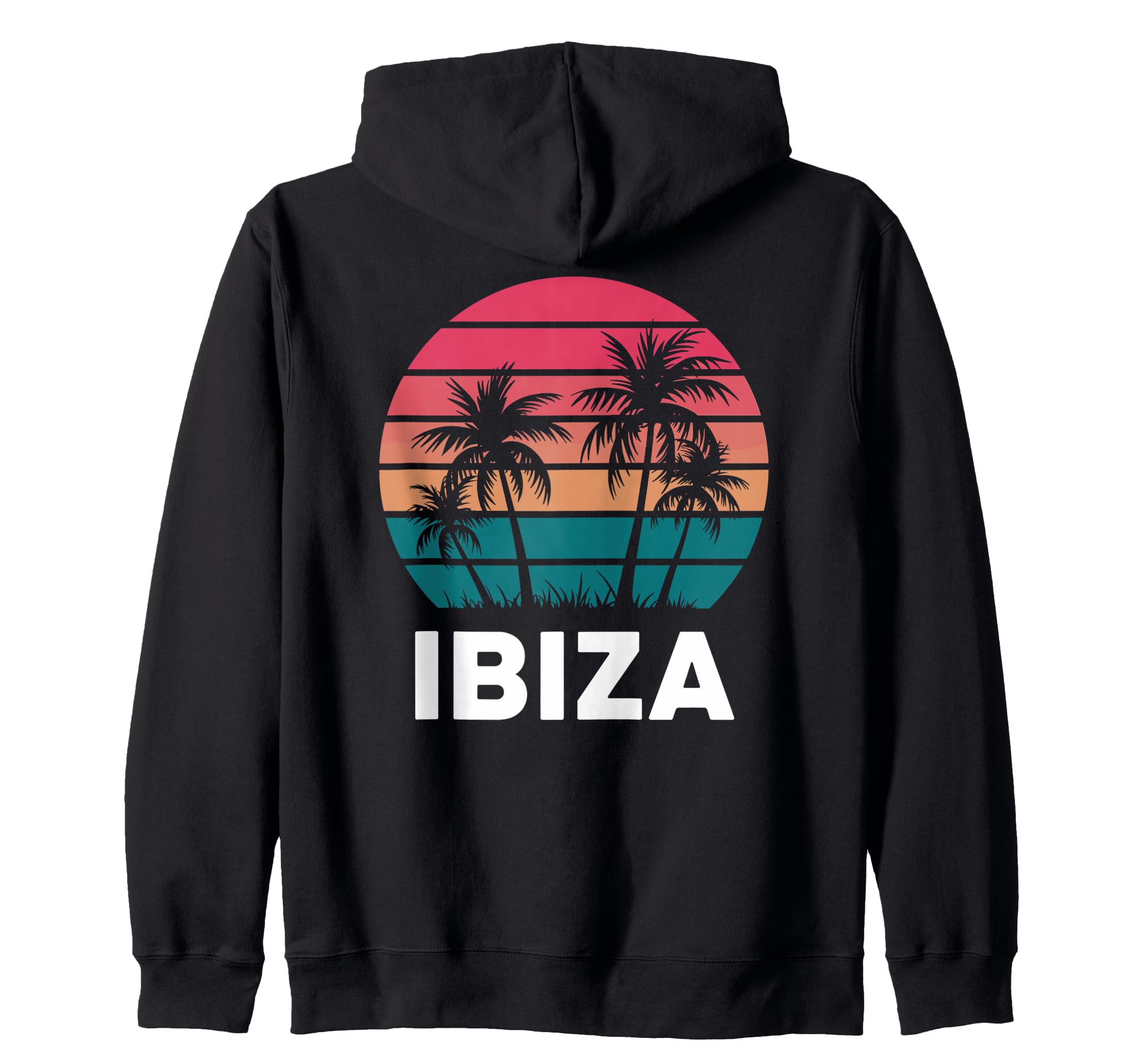 Retro Ibiza, fun island beach vibes, sunset and palm trees zip hoodie