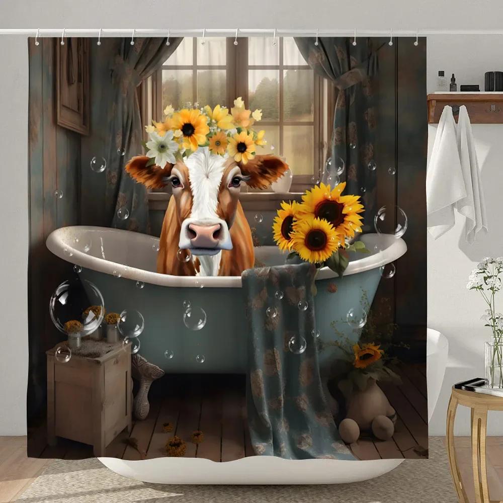 Funny Farmhouse Highland Cow Shower Curtain Vintage Western Bull Cattle Rustic Country Shower Curtains Funny Animals Bath Decor