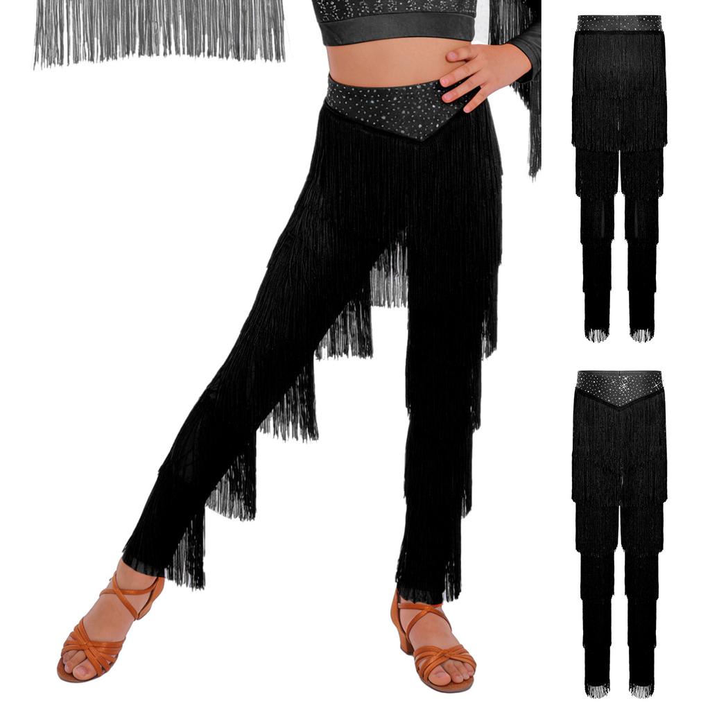 Girls Latin Dance Fringe Pants Elastic Waistband Tiered Tassels Trousers Samba Rumba Cha Cha Salsa