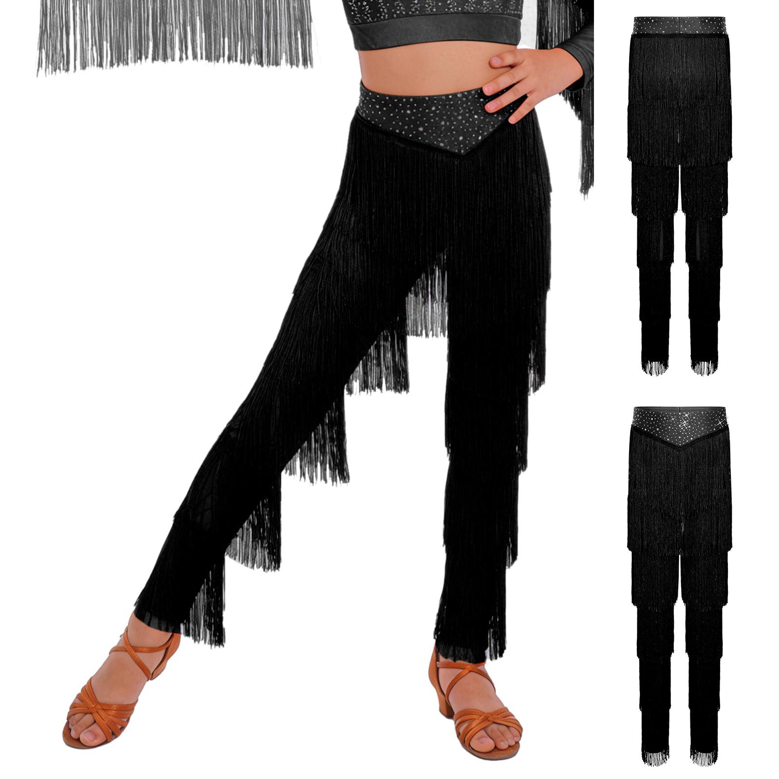 Mädchen Latein Tanz Fransenhose Elastischer Bund Mehrstufige Quasten Hose für Samba Rumba Cha Cha Salsa Bühnenauftritt 9-10 Years schwarz