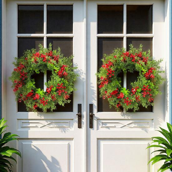 16 Inch Christmas Wreath with Red Berries Artificial Eucalyptus And Cedar Leaf Wreath for Holiday Front Door Wall Home Decoration