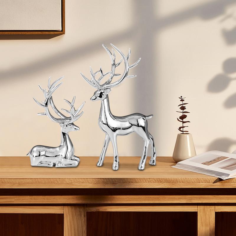 Silver Deer 2PCS Electroplated Silver Deer Figurine Handicraft Piece Resin Sculpture Christmas Center Table Decorations