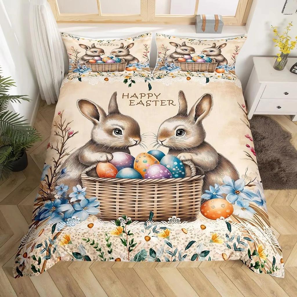 Easter Decor Rabbit Duvet Cover Colorful Flowers Bedding Set Girls Kids Room Kawaii Decor Easter Gifts Comforter Cover 2/3 Pcs