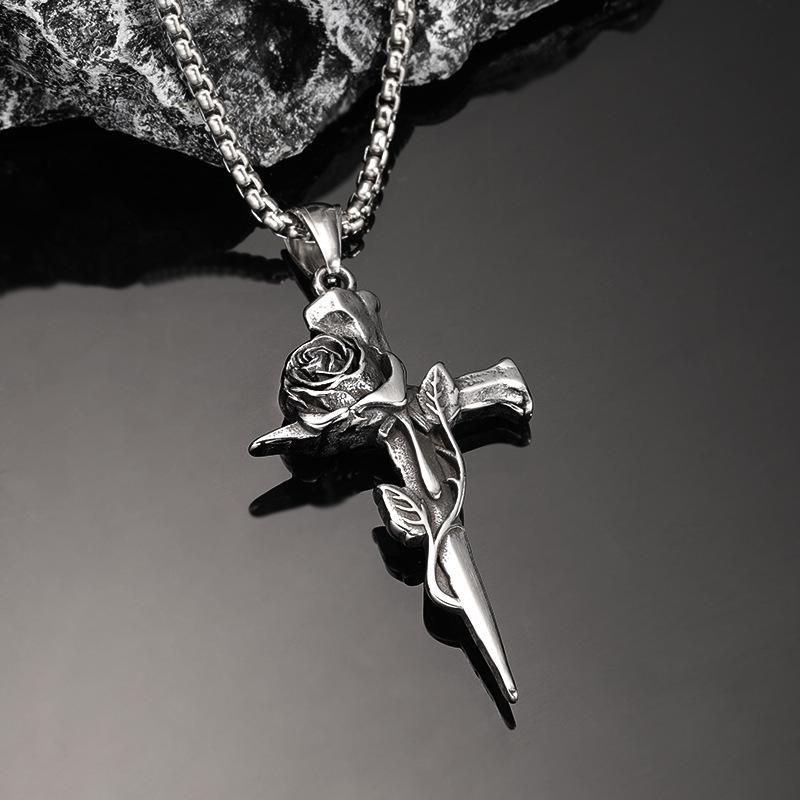 1Pcs Vintage Rose Cross Pendant Necklace For Women Men Stainless Steel Chain Punk Goth Trendy Accessories Choker Gothic Jewelry