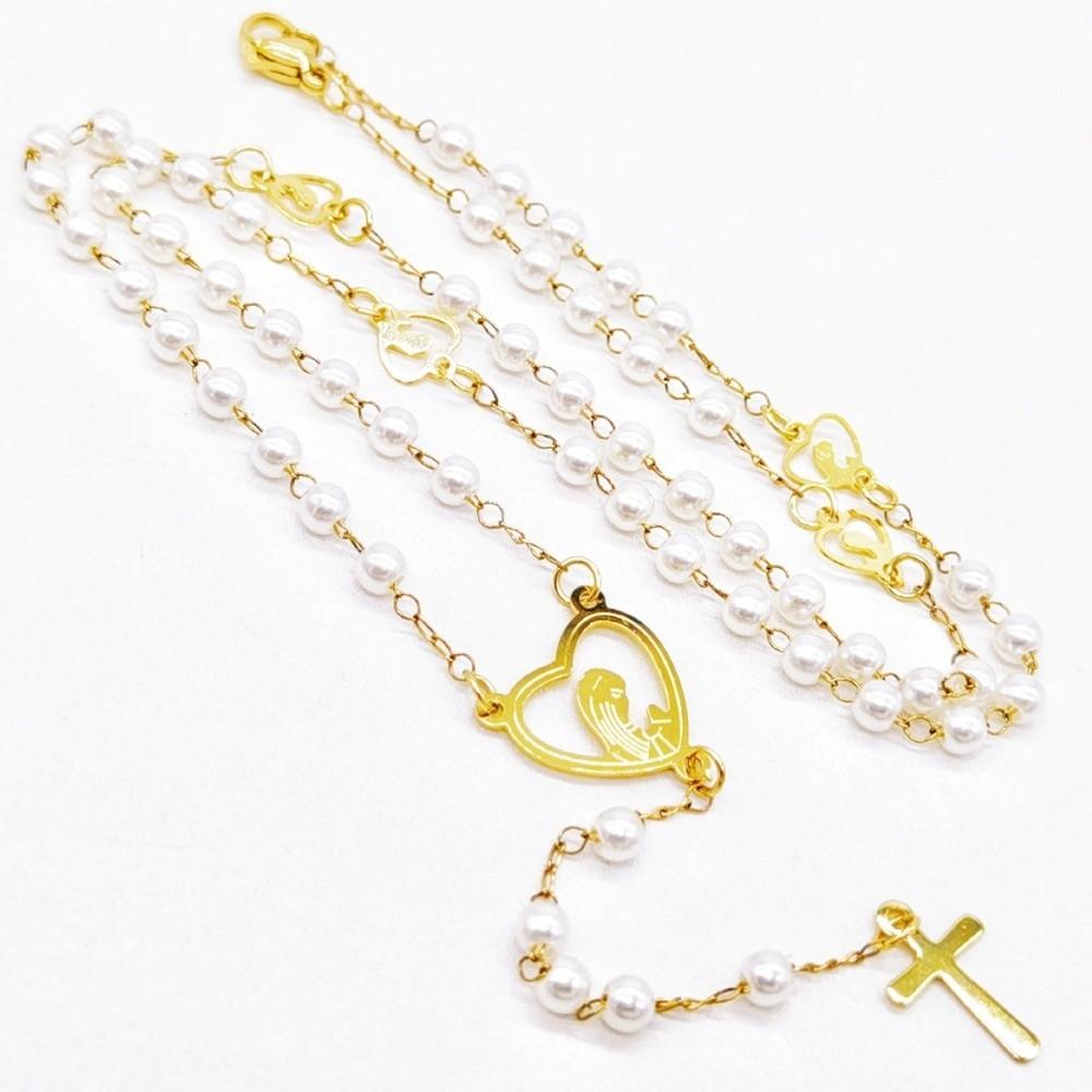 Fashion Stainless Steel Y Chain Rosary Beaded Pearl Cross Pendant Long Chain Sweater Chains Daily Wear