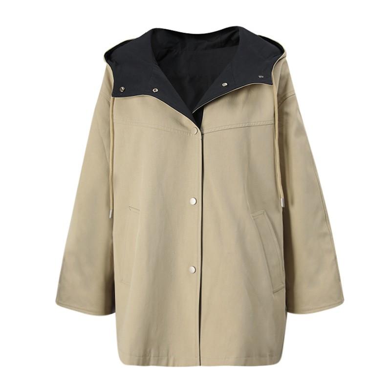 Womens Oversized Hooded Colorblock Cotton Blend Trench Coat Loose Fit Casual Outerwear