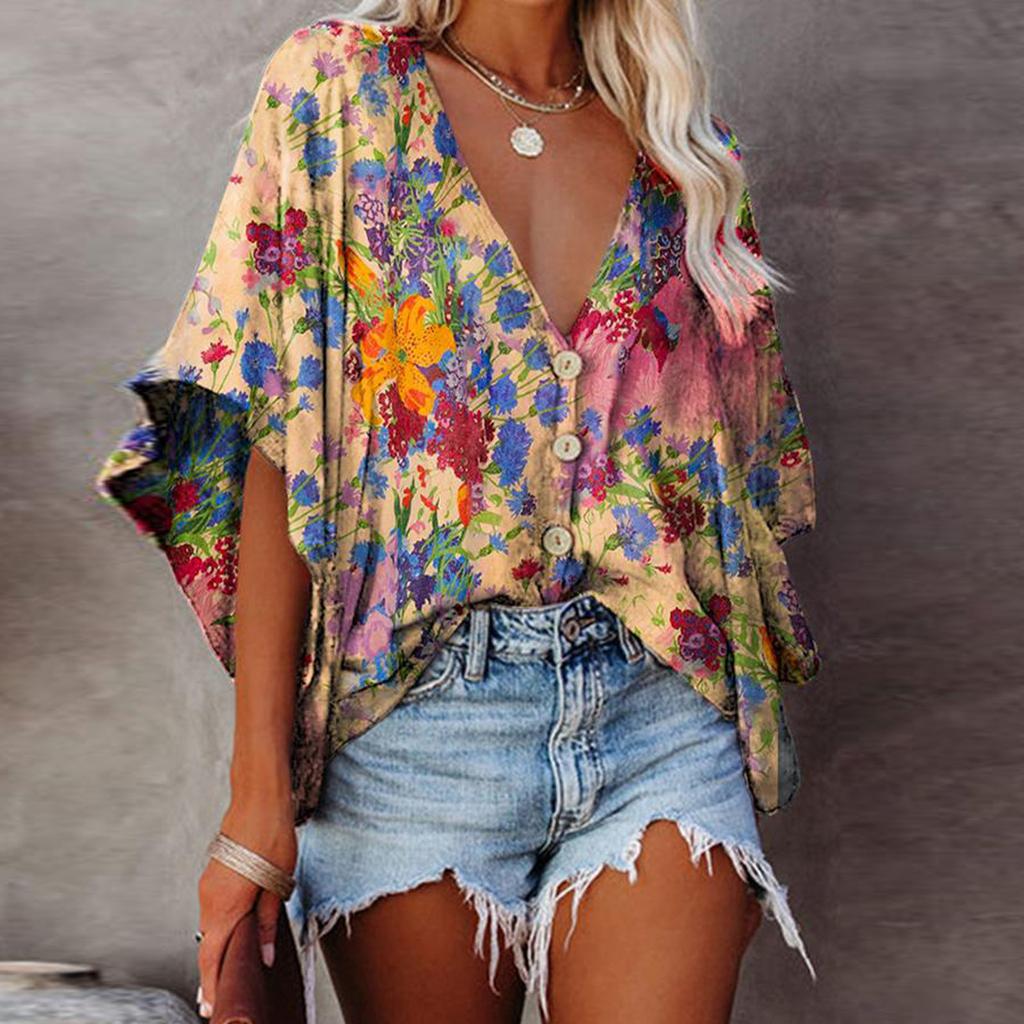 Women's Casual V-Neck Digital Printing Shirt Sleeves Blouse Loose Tops