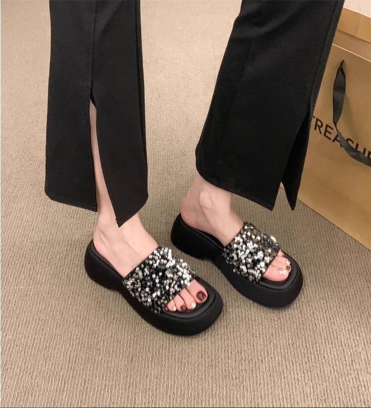 New high-end platform sandals half-mop summer outer wear sequined muffin bottom one-word shoes