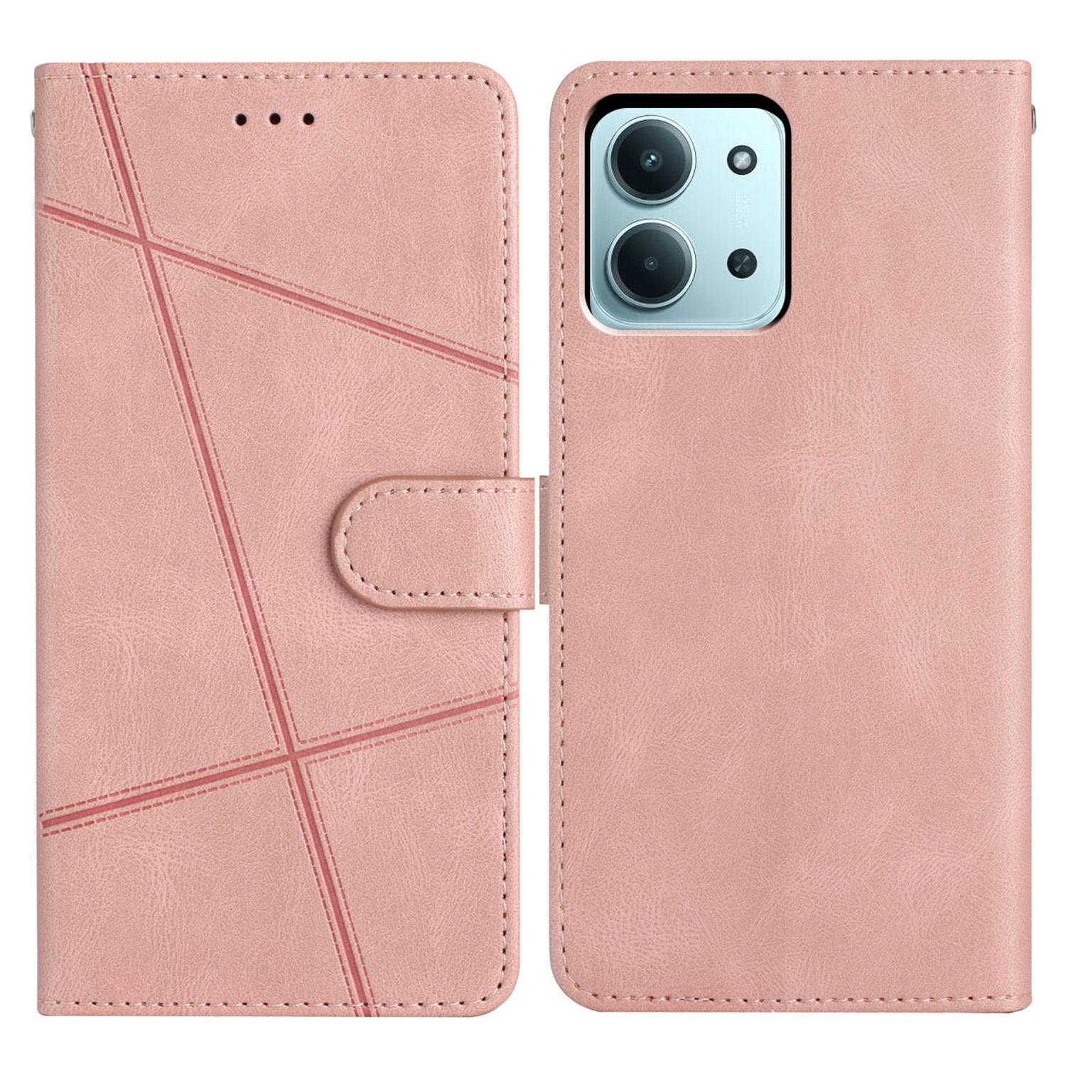 

For Xiaomi Redmi 15C 4G (171mm) Wallet Case Line Imprinted Skin-Touch Leather Flip Phone Cover Pink